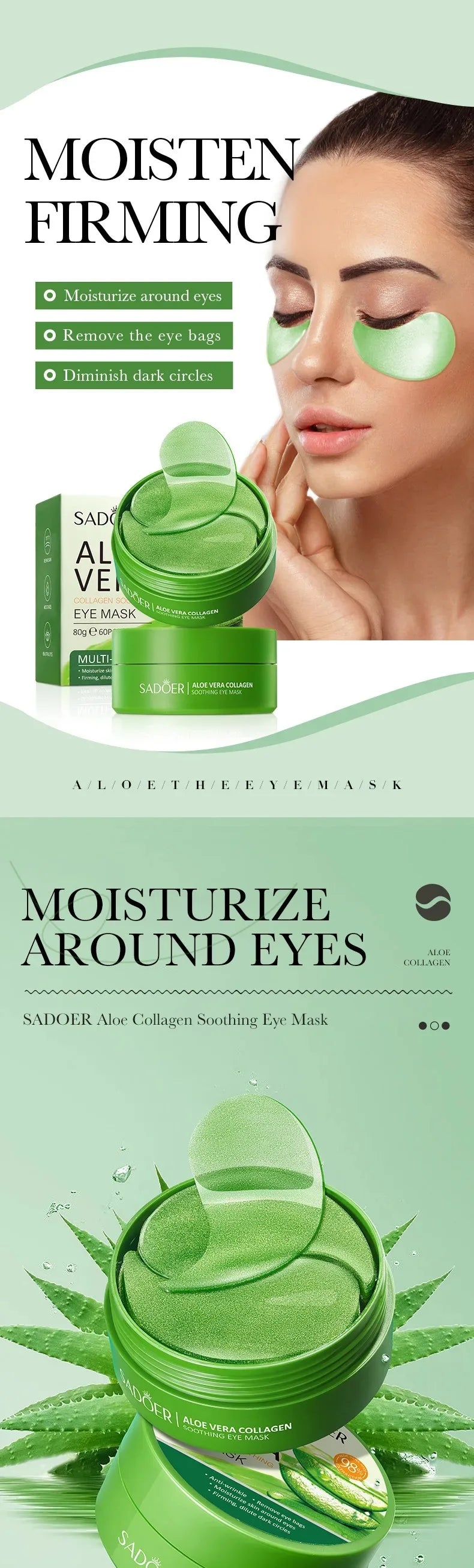 60Pcs Aloe Vera Collagen Eye Mask anti Dark Circles Eyes Bags Moisturizing Anti-Wrinkles Eye Patches Eyes Skin Care Products